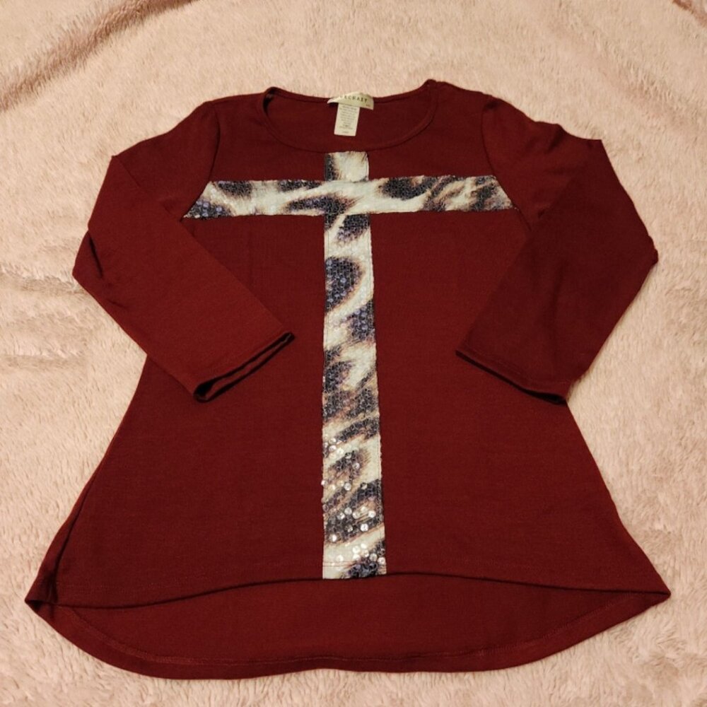 LoveCrazy Womens Burgundy Large Cross Boutique Top
